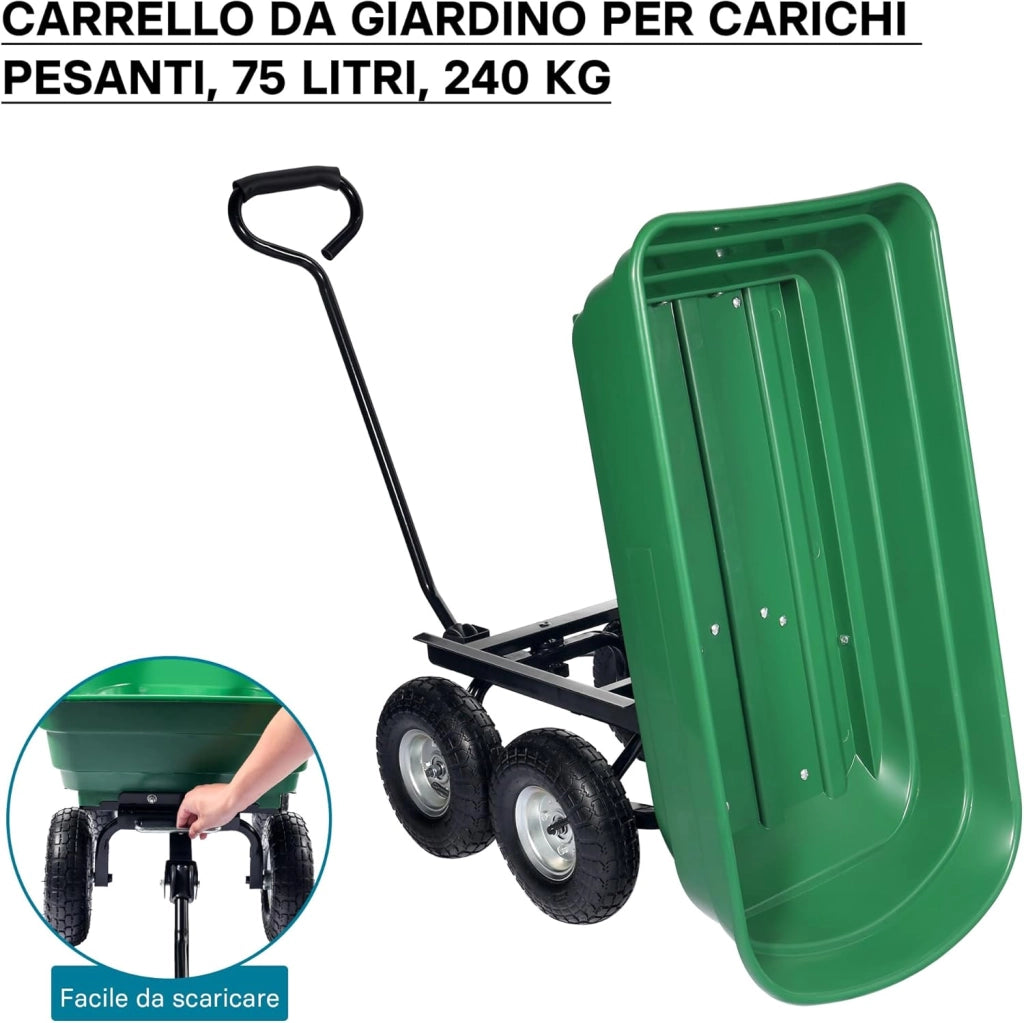 Carrello da giardino ribaltabile, capacità 75 l, portata max 240 kg, Carretto a mano Carriola