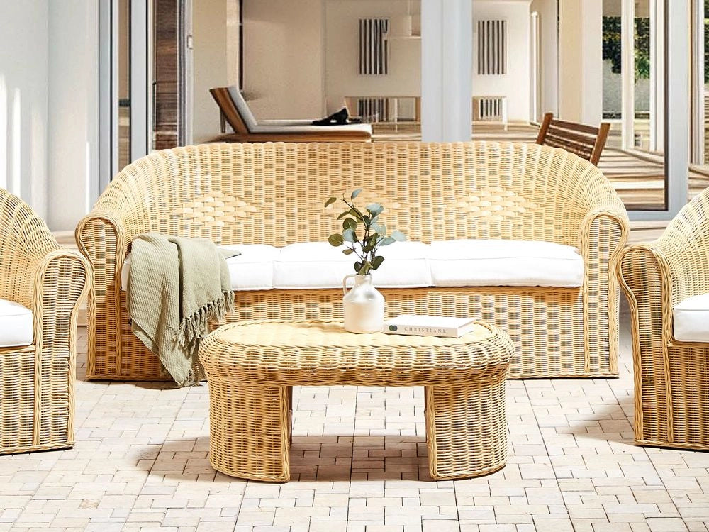 Divano da giardino a 3 posti in rattan naturale bianco con cuscino in cotone di media resistenza per esterni in stile bohémien per il giardino e il balcone