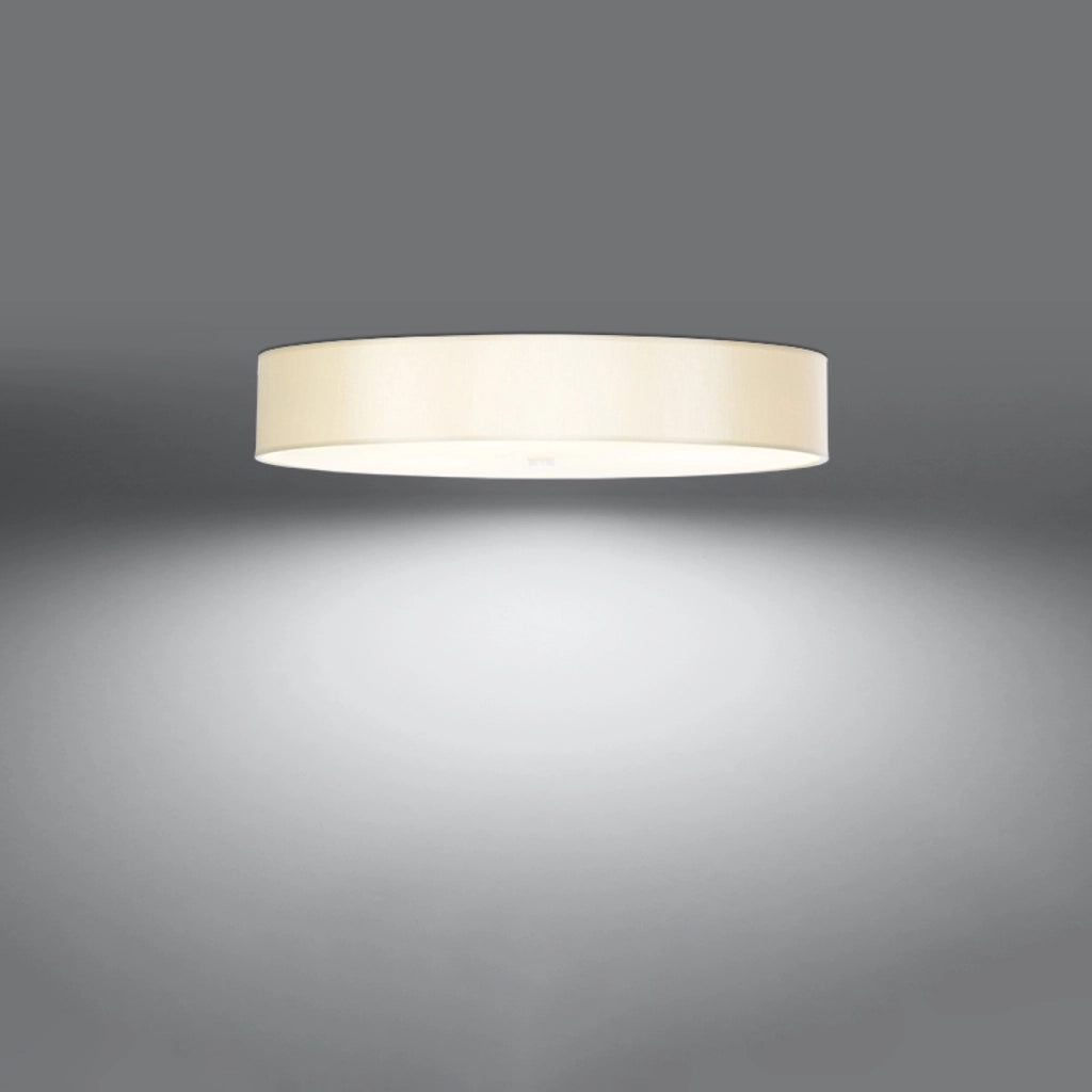 Lampadario da soffitto rotondo a 6 luci serie SKALA in tessuto bianco, vetro e acciaio, 80 cm