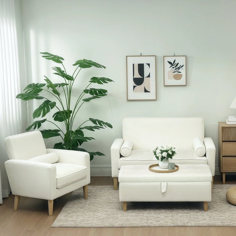 Pouf contenitore con gambe in legno massello e seduta in poliestere, spazio portaoggetti per soggiorno, bianco crema