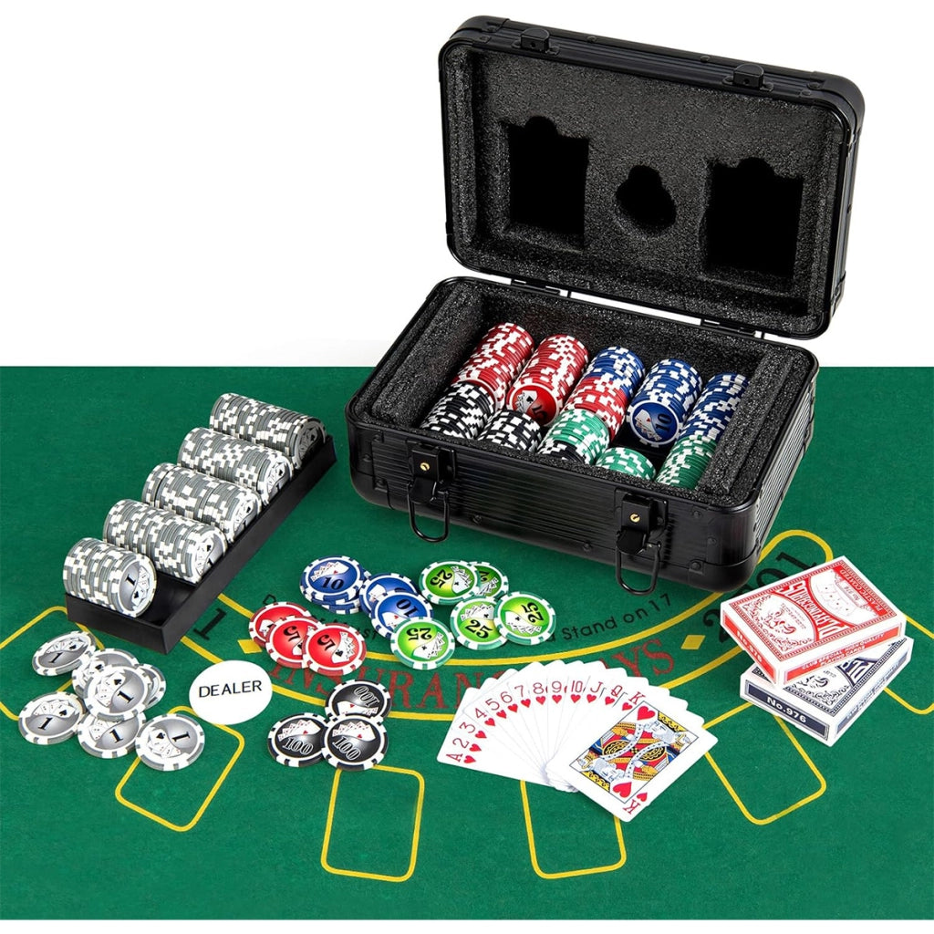 Set di chip da poker texas holdem con 300 pezzi e 2 mazzi di carte, Set poker 300 fich per serate in famiglia e raduni