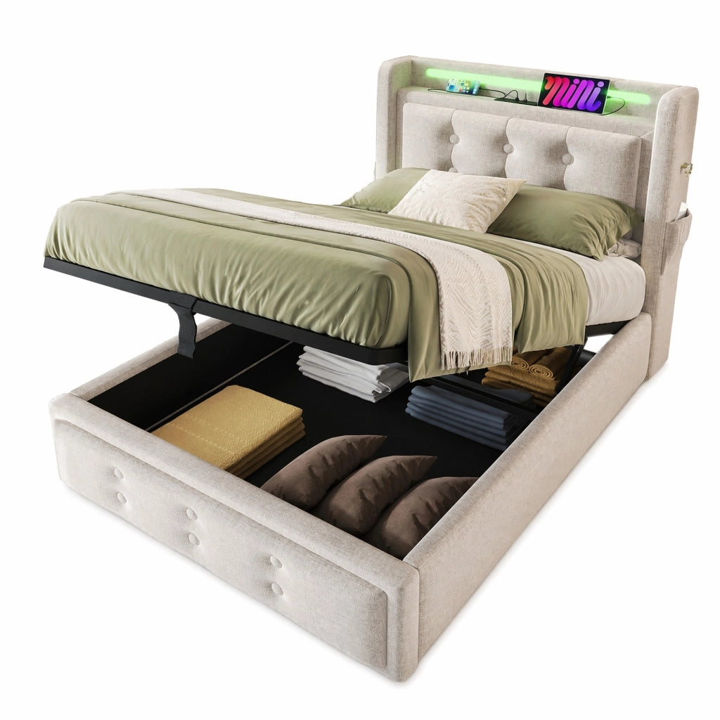 Letto singolo 90x200 cm con testiera LED, prese USB e contenitore, beige