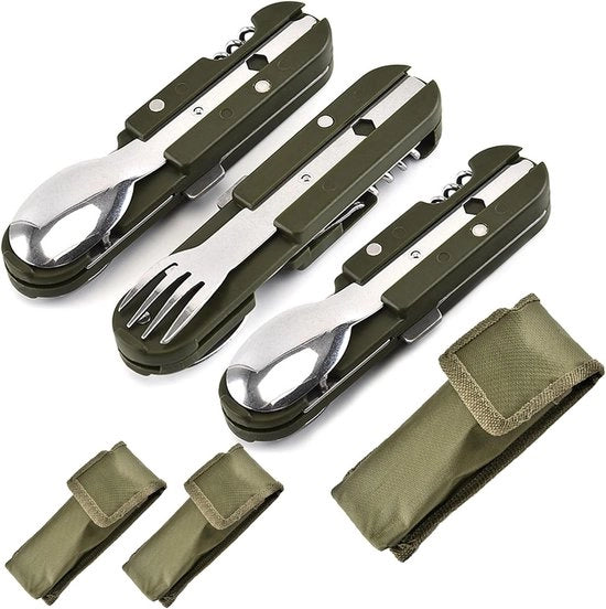 Attrezzatura da Campeggio - Flessibile e Tasche in Tessuto - Acciaio Inossidabile - Coltellini - Set di Cucchiai - Insacco da Campeggio - Coltellino - Set di Forchette - Mobiliere da Campeggio Portatile