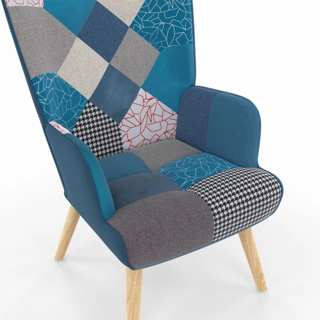 Poltrona scandinava IVAR in tessuto patchwork e velluto blu