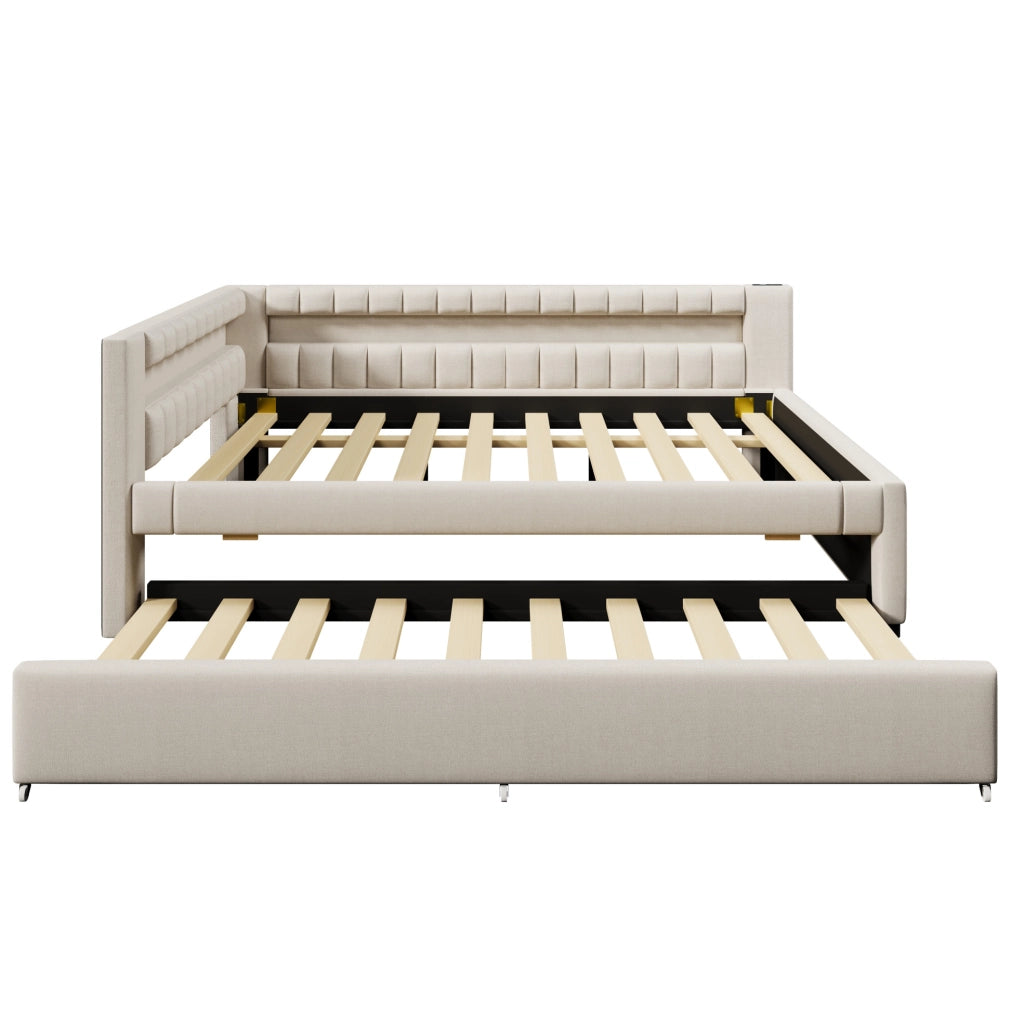 Letto 140x200 cm con LED e letto estraibile; USB e Type-C in lino beige