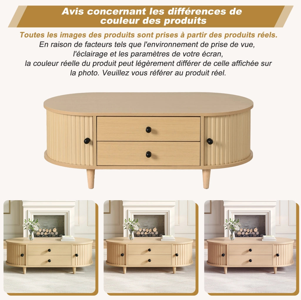 Tavolino da salotto in MDF con 2 cassetti e ante scorrevoli; 100x50x36 cm; legno naturale