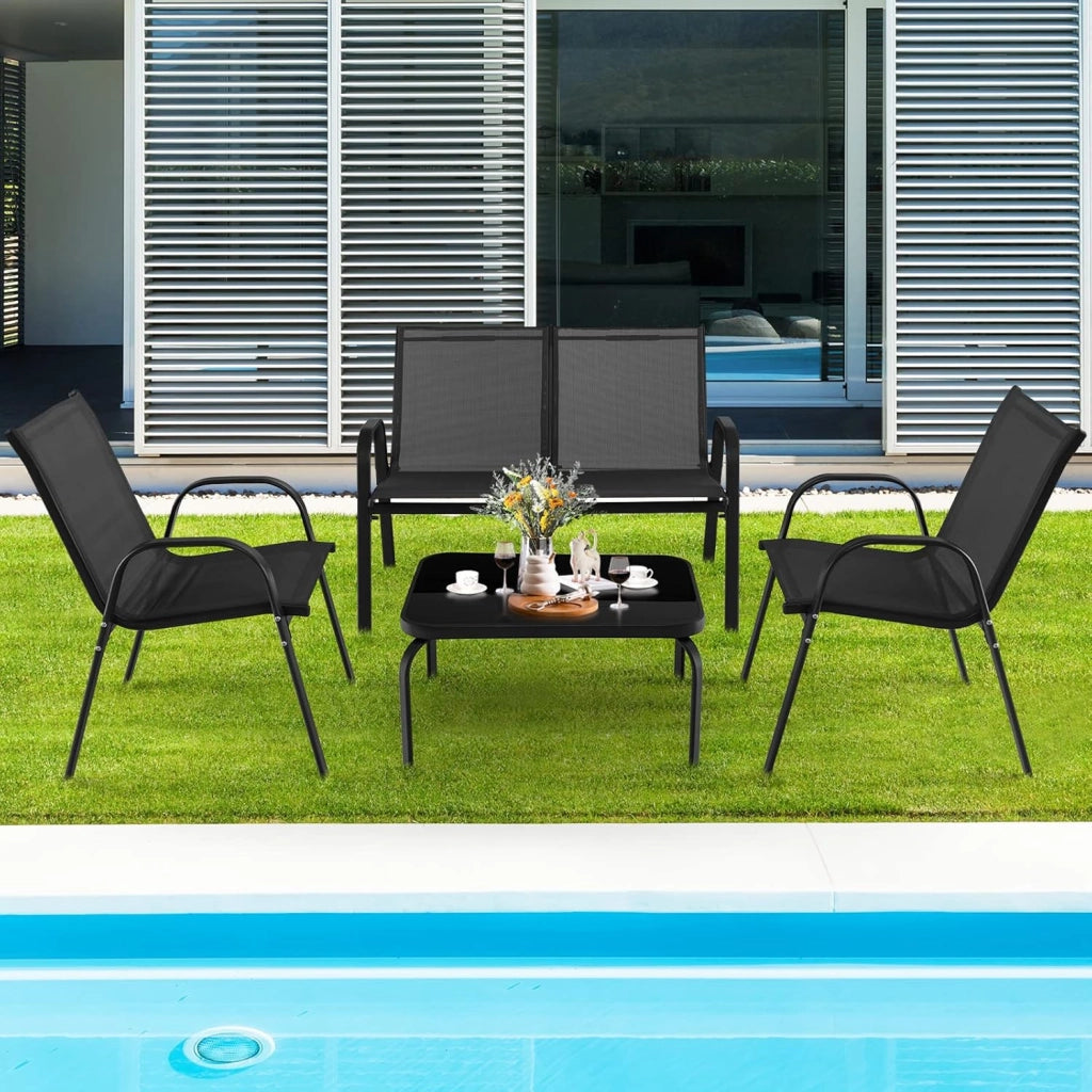 Set Mobili da Giardino da 1 Tavolino in Vetro Temperato 2 Poltrone e 1 Divano a 2 Posti, Moderno Set di Mobili da Giardino per Balcone, Cortile, Piscina, Grigio