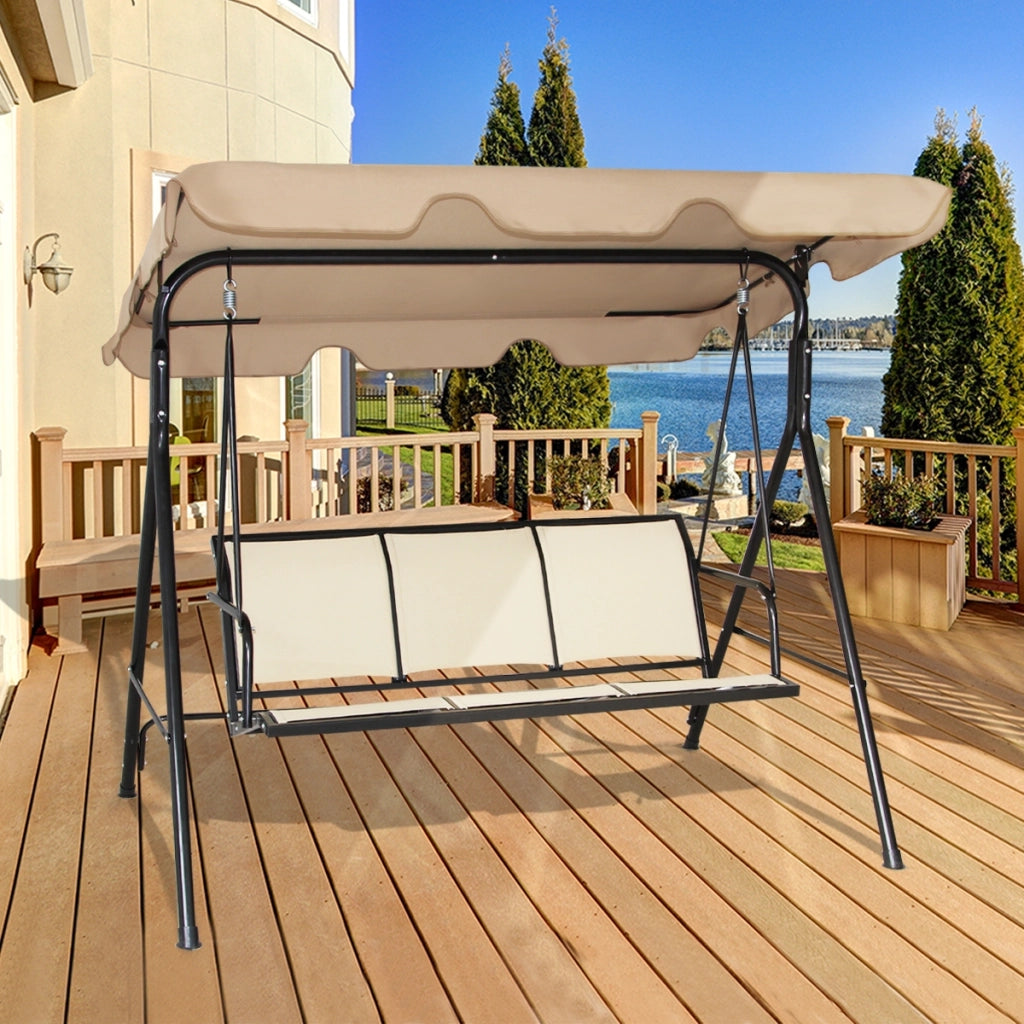 Dondolo a 3 posti con oscurante da giardino Altalena adulti da esterno 170x110x150cm Marrone chiaro-Dondoli