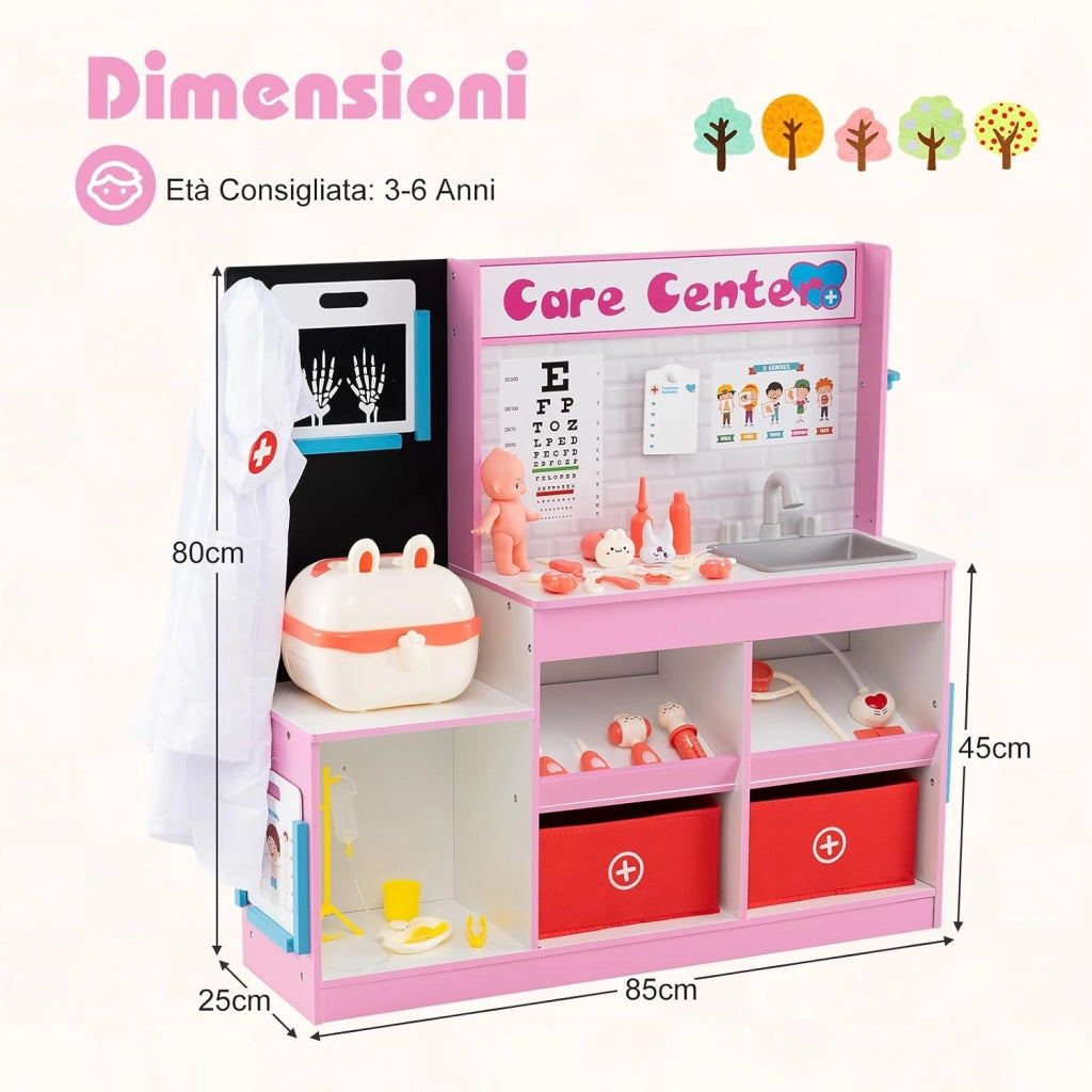 Set Gioco Dottore per Bambini, Gioco di Ruolo Medico in Legno con Stetoscopio, Radiografie, Monitor ECG, Tabella Oculistica e 29 Accessori, Medico Giocattolo per Bambini 3+ Anni (Rosa)