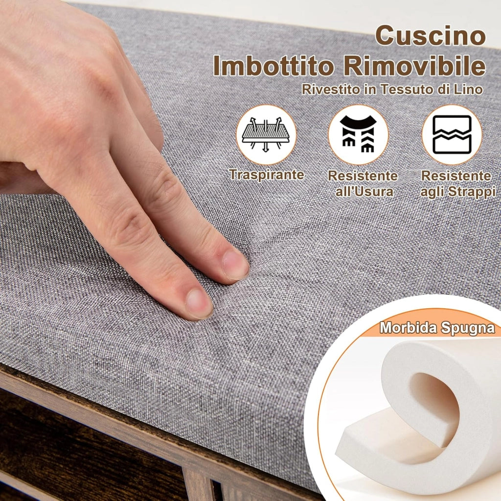 Panca Scarpiera da Ingresso, Scarpiera con Seduta Imbottito, 9 Scomparti e Armadio con Ante, Panca Contenitore con Ripiani Regolabili, per Camera da Letto Corridoio, 110,5x30x49 cm (Marrone)