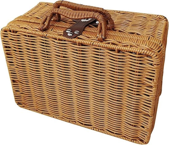 Borsa da picnic in stile retro con cassetta di prop e cinghie in pelle con chiusura metallica per organizzare cosmetici e alimenti all'aperto