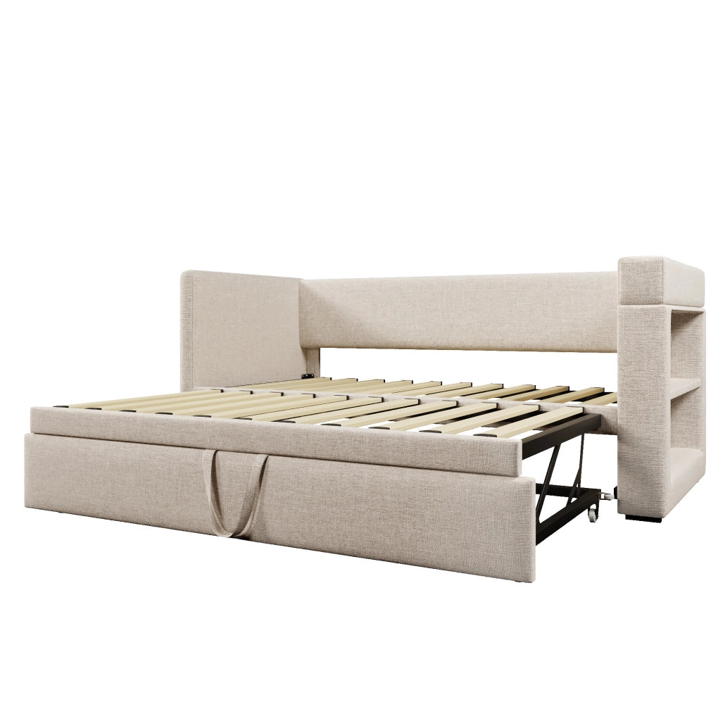 Daybed imbottito 90x190 cm con letto estraibile, USB, Type-C e portabicchieri