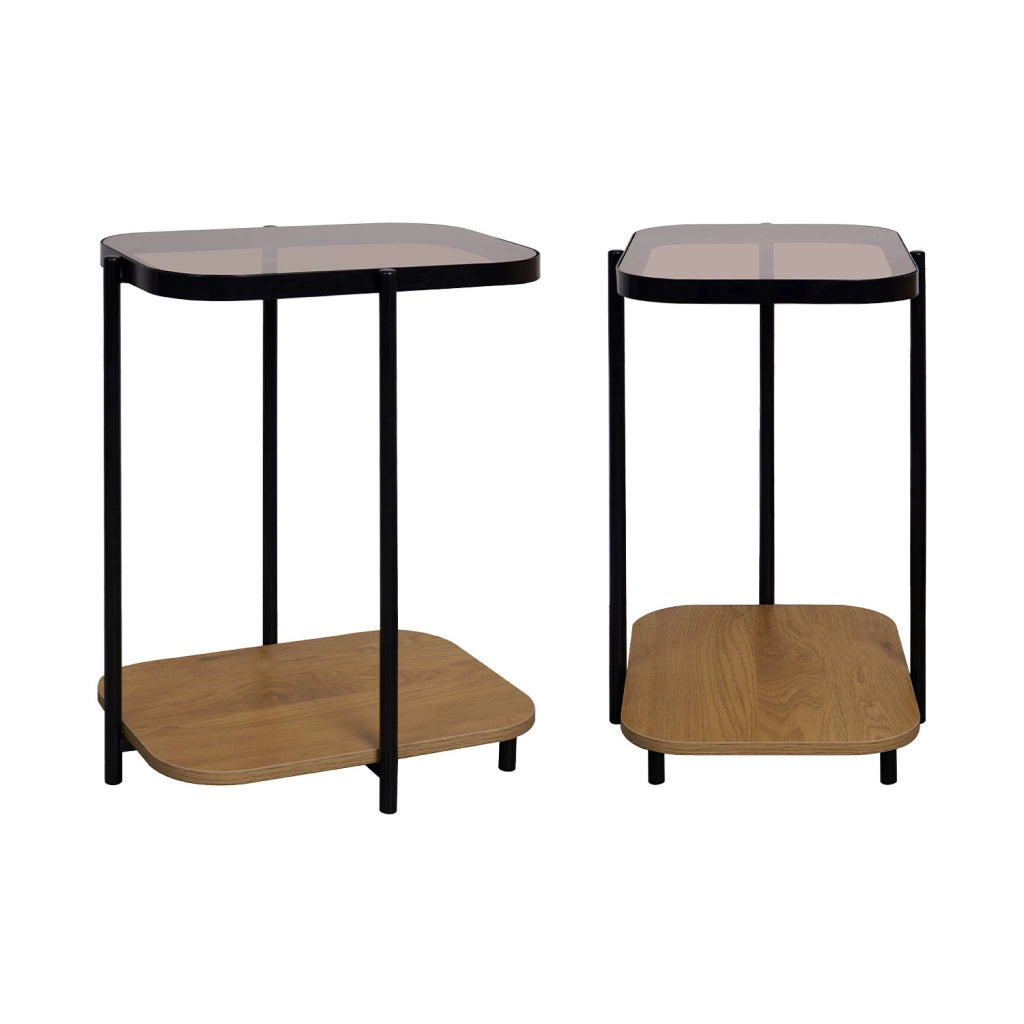 Set di 2 tavolini da divano vintage in metallo nero e vetro, marrone