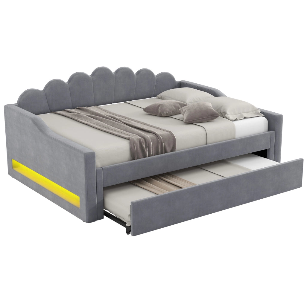 Letto imbottito 140x200 cm con LED e letto estraibile in MDF e compensato grigio