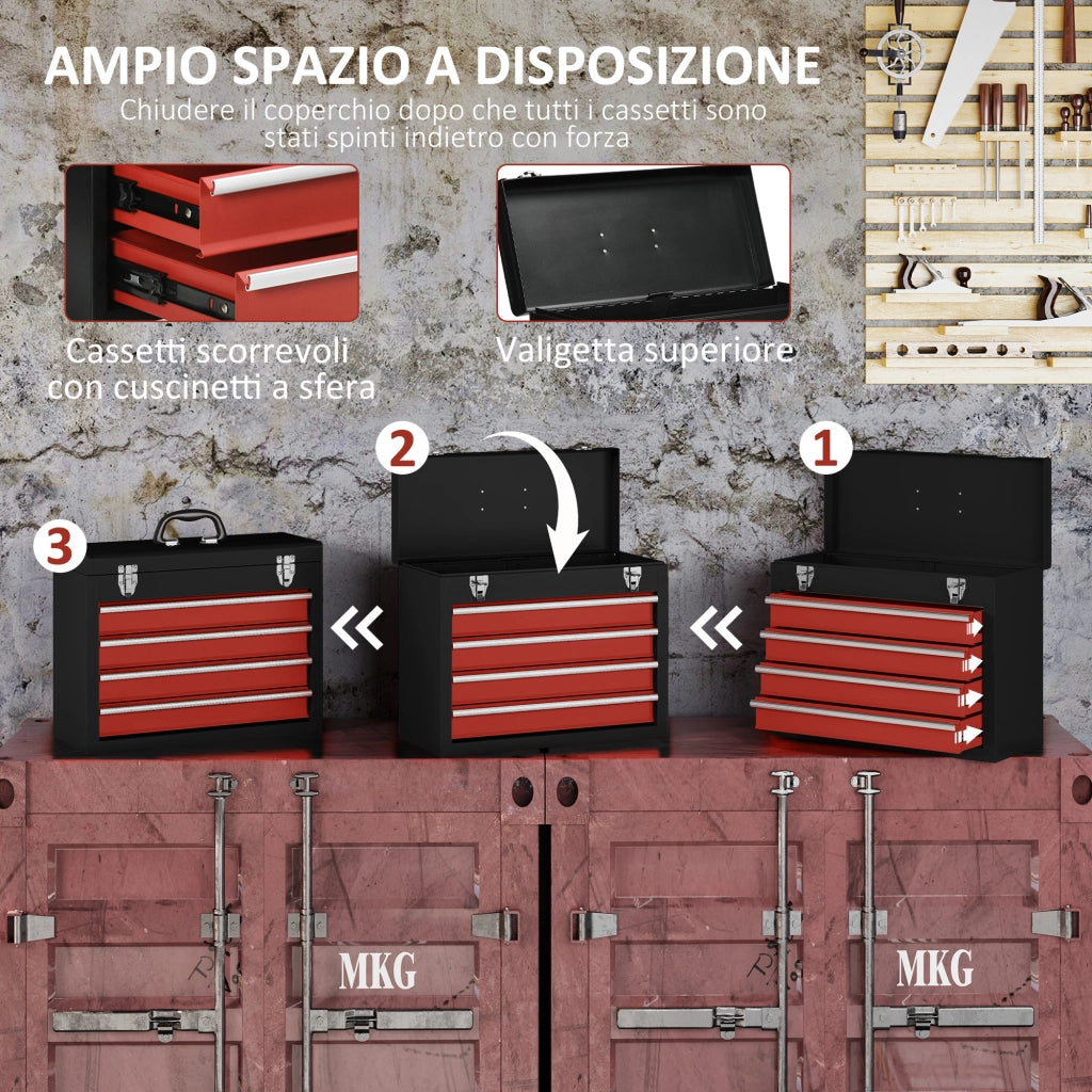 Cassetta Porta Attrezzi in Acciaio con 4 Cassetti e Vassoio Superiore, 51x22x39.5 cm, Rosso e Nero