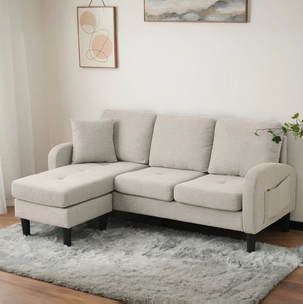 Divano angolare modulare 166x118x77 cm con chaise longue reversibile; imbottitura in schiuma; beige grigio e bianco