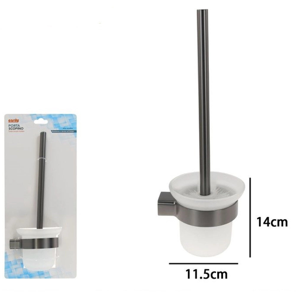 Trade Shop - Porta Scopino Con Bicchiere Vetro Satinato A Parete Stilizzato Acciaio Grigio Bagno 87945 -