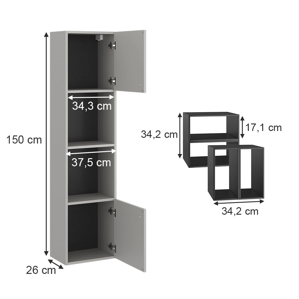 Vicco Armadio per il bagno Grigio 37.5 x 150 cm con anta e vani a giorno