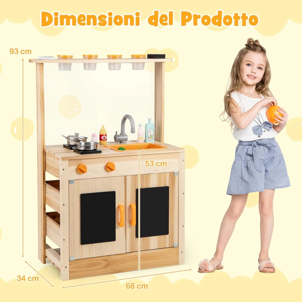 Cucina Giocattolo per Giardino con Lavagna Acrilica per Dipingere, Cucina in Legno di Abete per Bambini con 4 Vasi da Giardinaggio, Set Cucina con Accessori, 68 x 34 x 93 cm