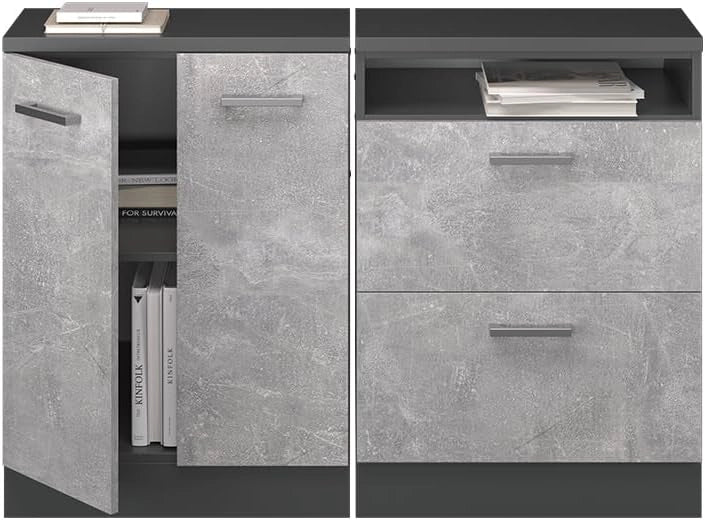 Set di mobili sottotetto Rion, Calcestruzzo, 120 cm Set di 2 carcasse armadio profondità 60 cm, adatto per il salvaspazio sotto tetti spioventi