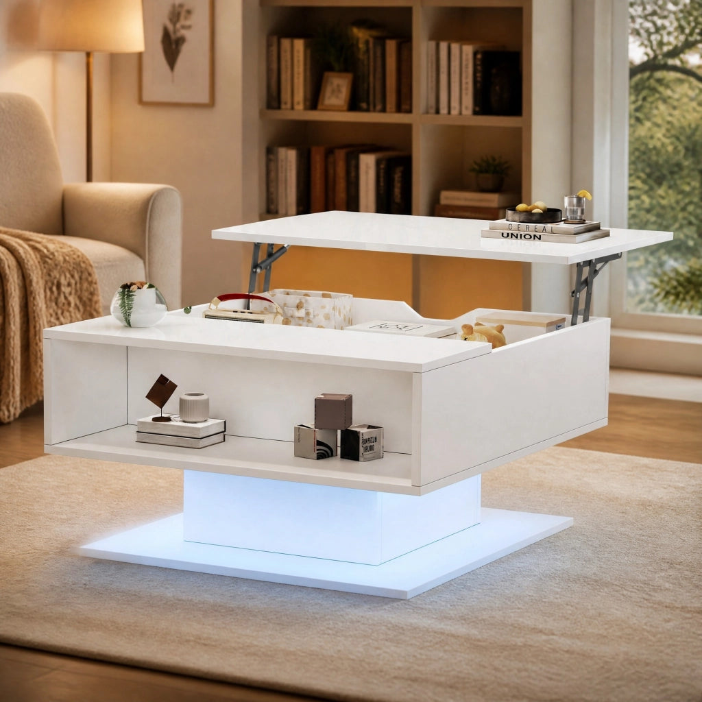TAVOLO Caffè alzabile 80x75x40 cm Bianco con LED e vano contenitore