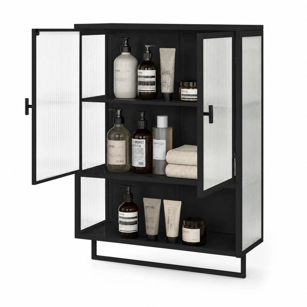 Credenza da parete moderna nera con ante in vetro, ripiano aperto e barra porta asciugamani, 60 x 23 x 78 cm