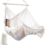 Sedia a sospensione cocoon grande, tessuto di cotone soffice e spesso, telaio metallico pieghevole, sedile ampio, sedia oscillante con ammortizzazione laterale, tema giardino indoor outdoor.