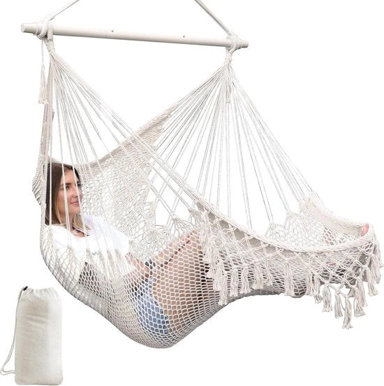 Sedia a sospensione cocoon grande, tessuto di cotone soffice e spesso, telaio metallico pieghevole, sedile ampio, sedia oscillante con ammortizzazione laterale, tema giardino indoor outdoor.