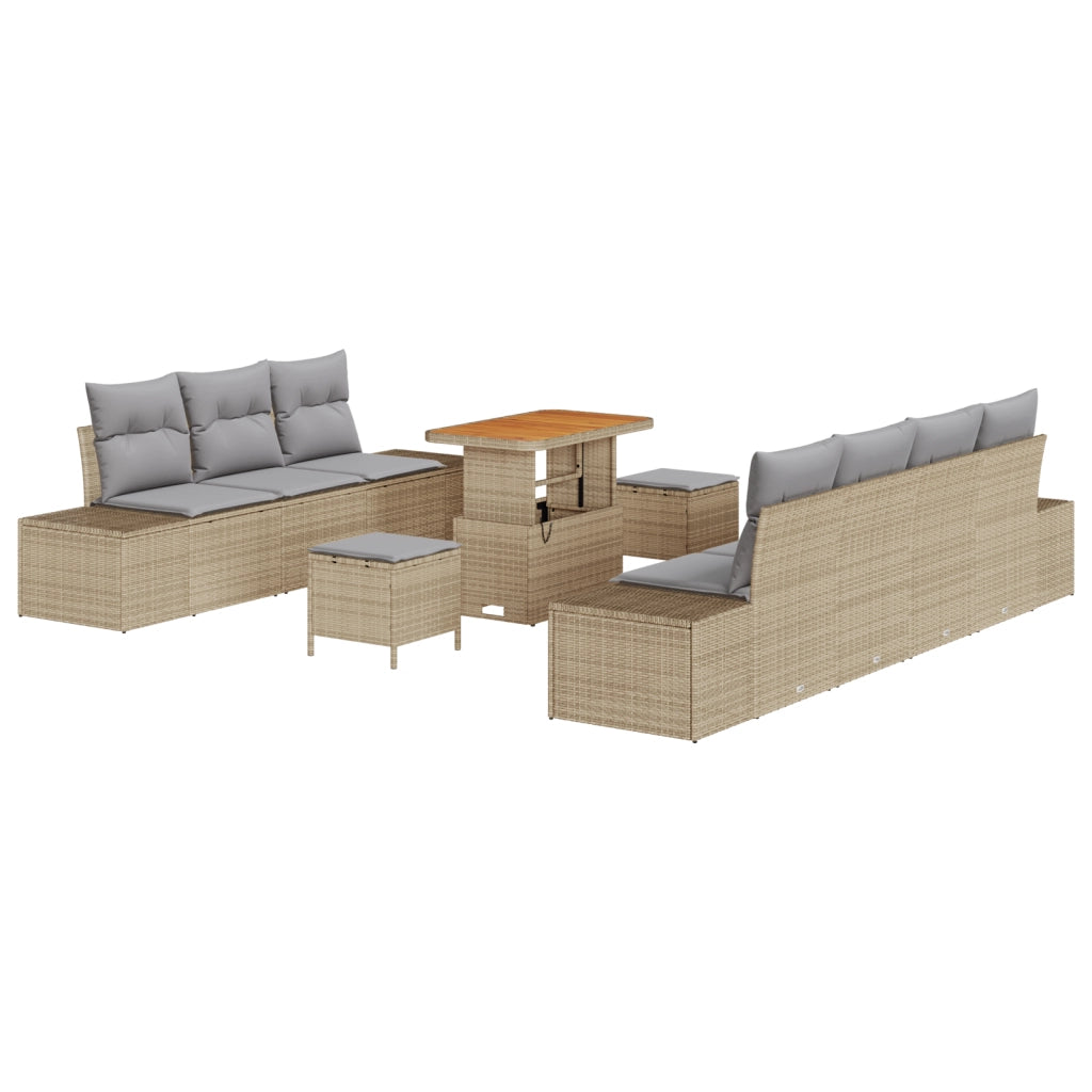 Set di Divano da Giardino  da 10 Pezzi con Cuscini Beige in Rattan Sintetico e Acacia