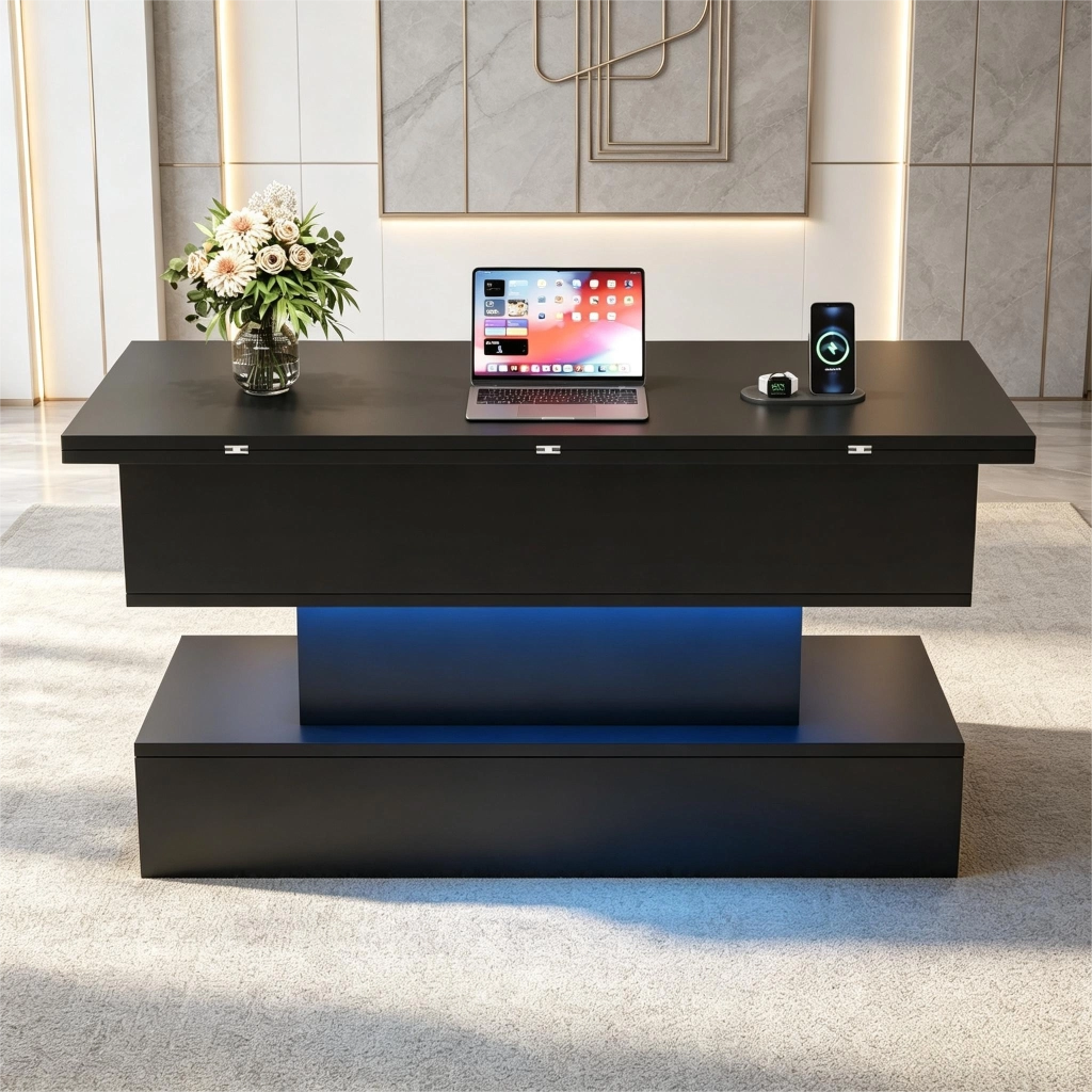 Tavolino basso sollevabile con LED e presa laterale, contenitore interno, nero opaco, 100 × 50 × 51,5 cm