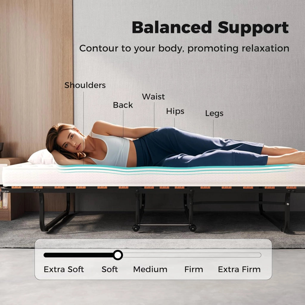 Letto Pieghevole 90x200 cm con Memory Foam, Lettino Pieghevole per Gli Ospiti con 4 Ruote, Sgabello e Bracci, Letto da Viaggio per Adulti, Doppia Sedia a Doghe, Nero e Beige, Made in Italy
