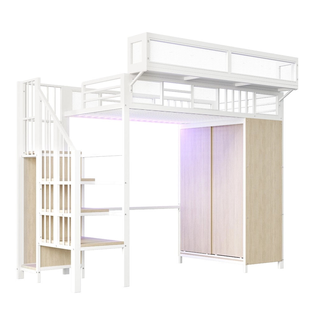 Letto a Soppalco con Armadio e LED ¨C MINIMAL ¨C Metallo Bianco 90x200