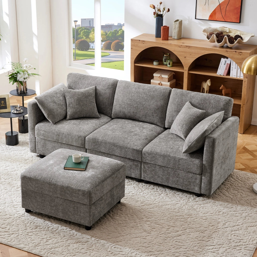 Divano angolare 3-4 posti con pouf e 4 cuscini, braccioli regolabili, in ciniglia, grigio