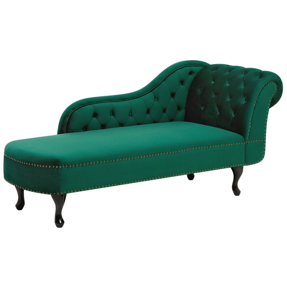 Chaise longue di colore Verde versione destra in Velluto abbottonato testa chiodata Stile Chesterfield