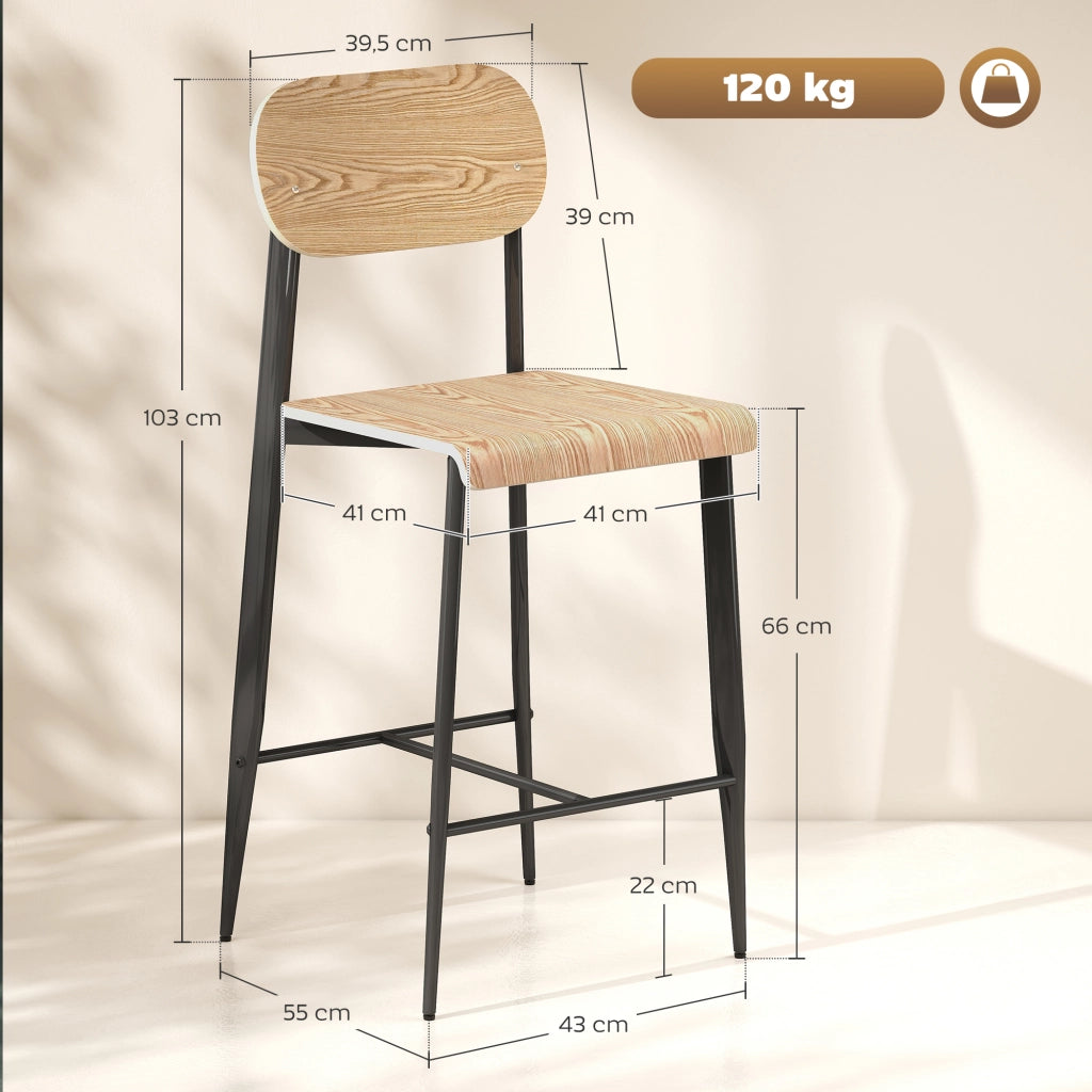 Set 2 Sedie da Bar con Schienale ¨C Zephmum ¨C Legno e Metallo, Colore Chiaro