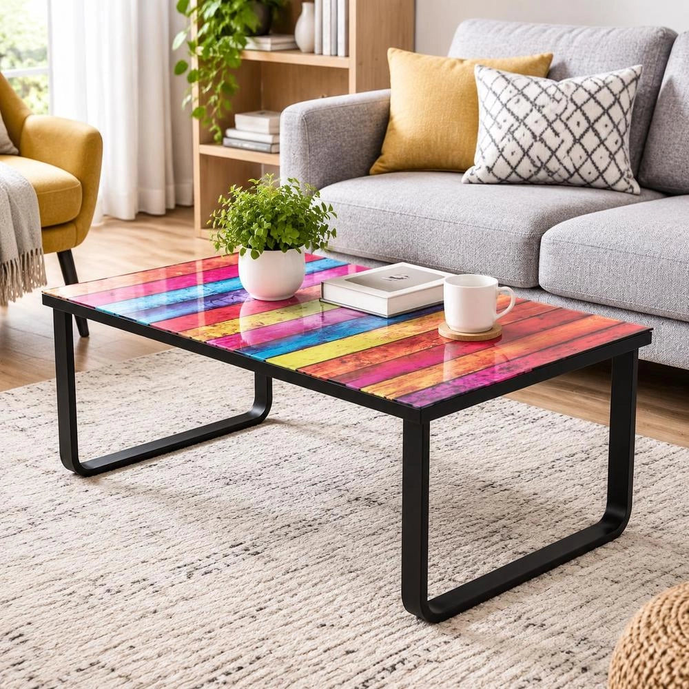 Coffee Table With Glass Top Rainbow Print