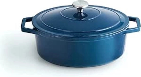 Piastra per cottura individuale - coperchio di ghisa con manopola di acciaio inossidabile - adatto per induzione - resistente al forno - blu (ovale)