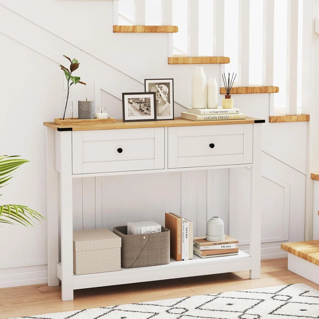 Tavolo Consolle Bianco 106 x 30 x 81,5 cm, Consolle Ingresso con 2 Cassetti e Ripiano Aperto, Tavolino Slim Salvaspazio Moderno per Soggiorno, Corridoio e Camera da Letto