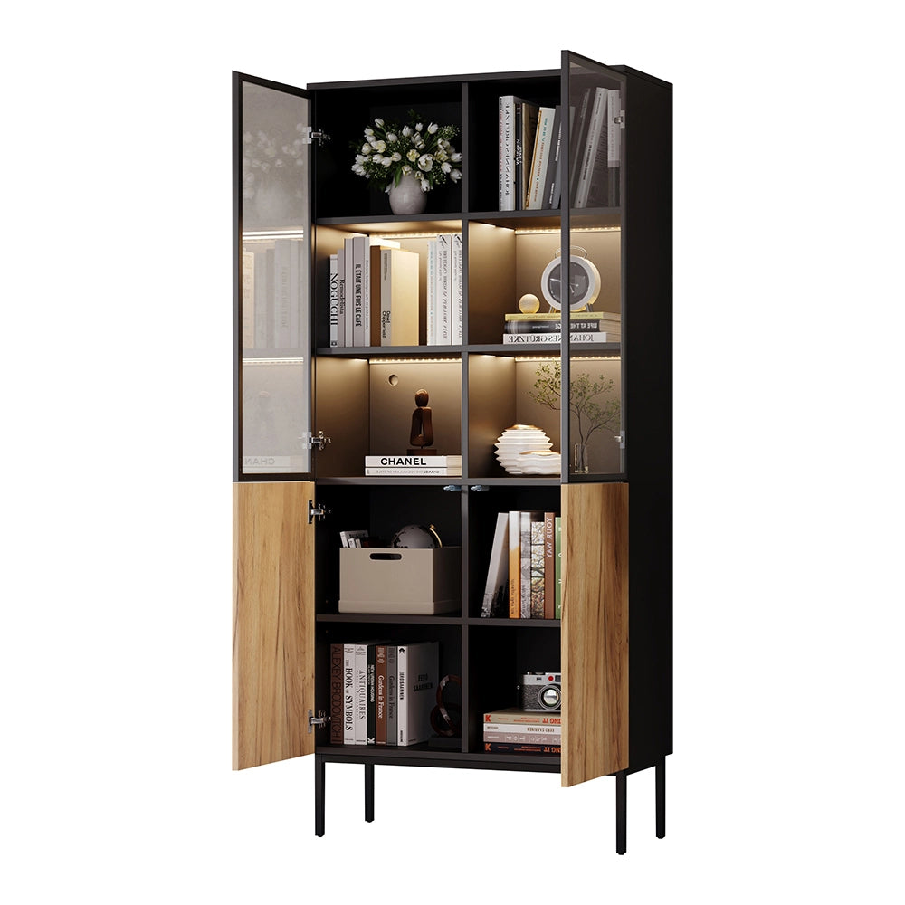 Armadio vetrina con illuminazione LED - Xylo - 180 cm - Nero/Quercia - 5 ripiani in vetro per collezioni