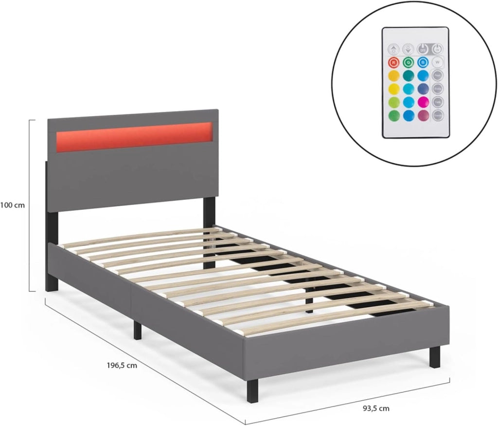 Letto singolo NEO con testata LED integrata e rete 90 x 190 cm PVC grigio
