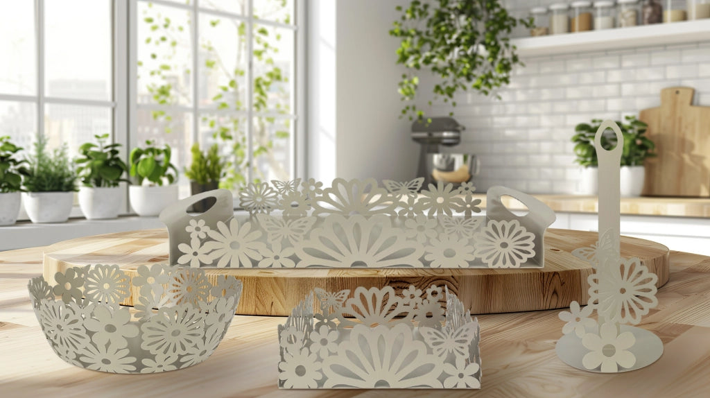 Set Accessori Cucina 2/4 Pezzi Porta Scottex Portatovaglioli Vassoio Grande Da Portata Portafrutta Centrotavola Metallo Design Moderno Decorazioni Tavola  - Fiori - 4 Pezzi