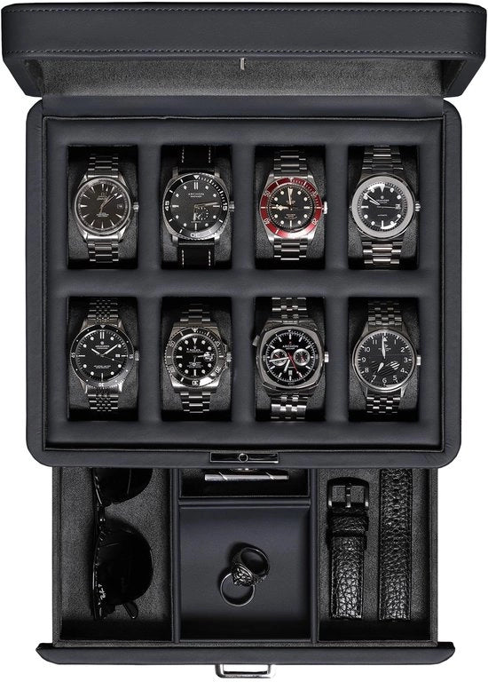 Cassa orologio in carbonio per 8 orologi - Cassa orologio in pelle con coperchio in vetro reale - Scatola accessori con più compartimenti