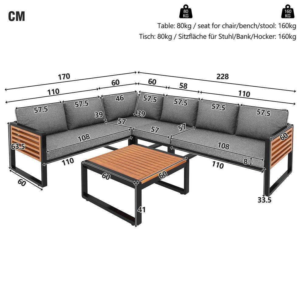 Set Divano da Giardino 5-6 Posti con Braccioli in Legno ¨C Xylo ¨C Polyrattan, Grigio
