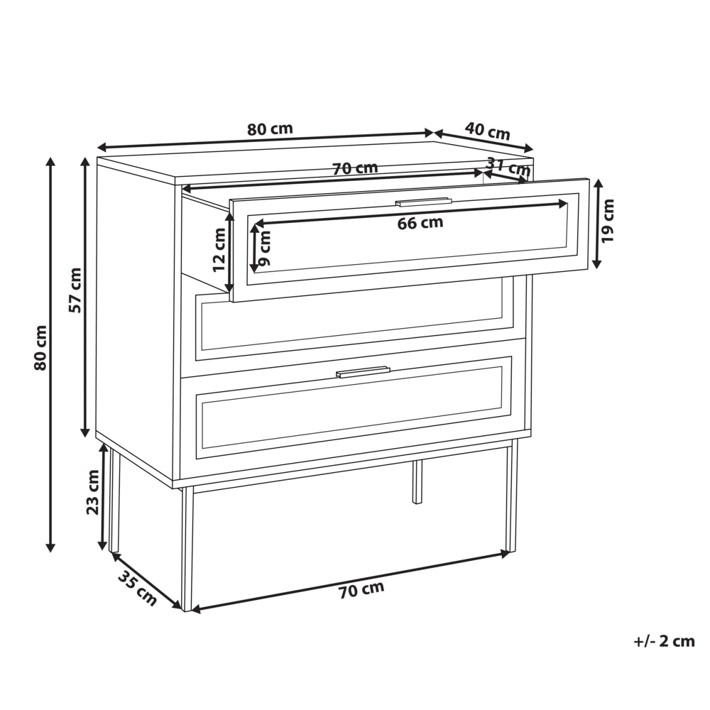 Cassettiera in rattan con tre cassetti con frontale in vimini legno chiaro stile moderno e classico