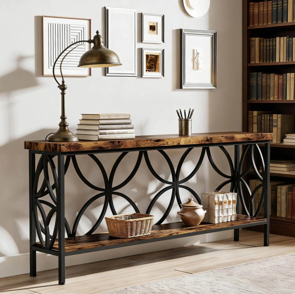 Tavolo consolle industriale 160x29,5x80 cm con ripiani aperti