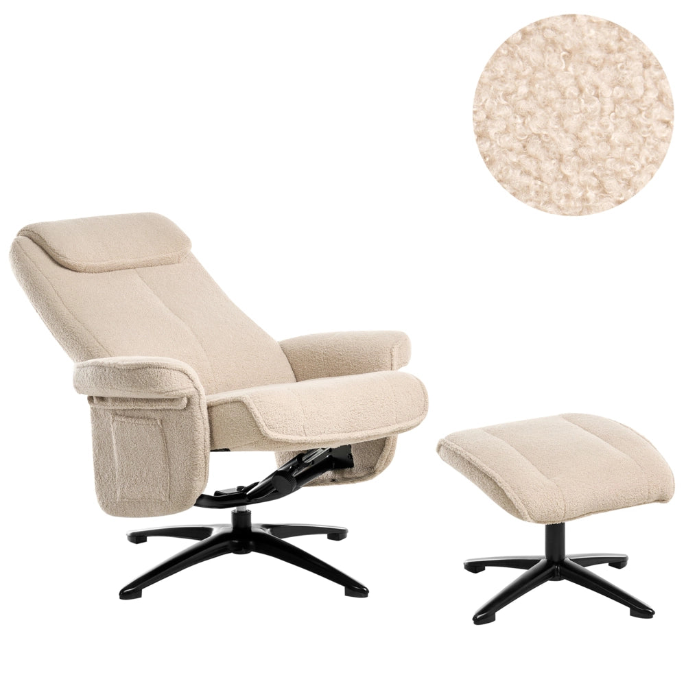 Poltrona reclinabile Beige con poggiapiedi Tessuto Boucle Girevole Struttura in metallo Design retrò