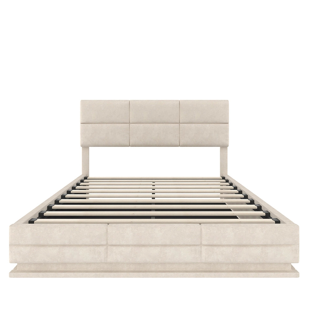 Letto 160x200cm imbottito - Xylo - velluto beige USB idraulico LED