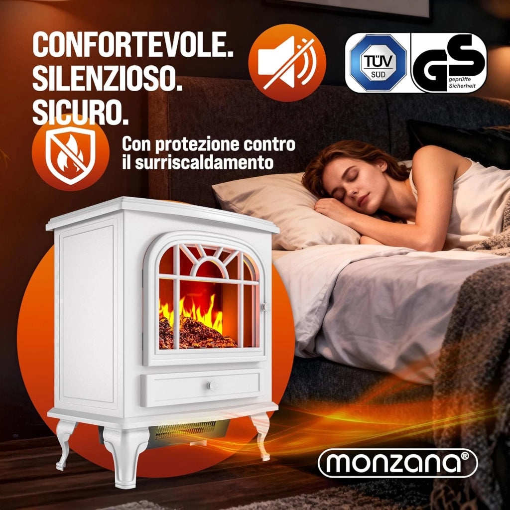 DEUBA® Camino Elettrico 2000W 60x28x50cm Termocamino Luce LED Effetto Fiamma Stufa Elettrica Caminetto finto a Corrente Stile Antico Bianco