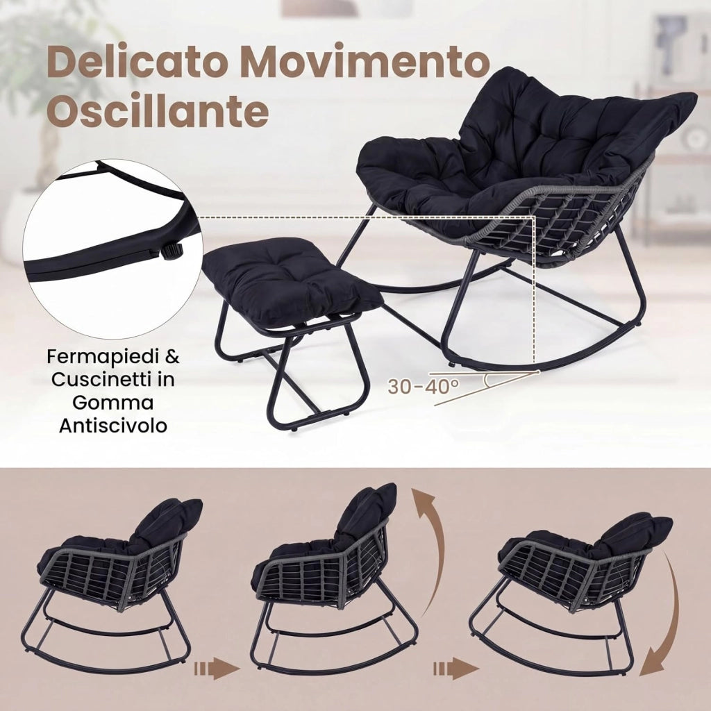 Sedia a Dondolo da Interno ed Esterno, Poltrona a Dondolo con Poggiapiedi e Cuscini Rimovibili, Poltrona Relax in Rattan con Telaio in Metallo per Soggiorno e Giardino, Portata 150 kg (Nero)