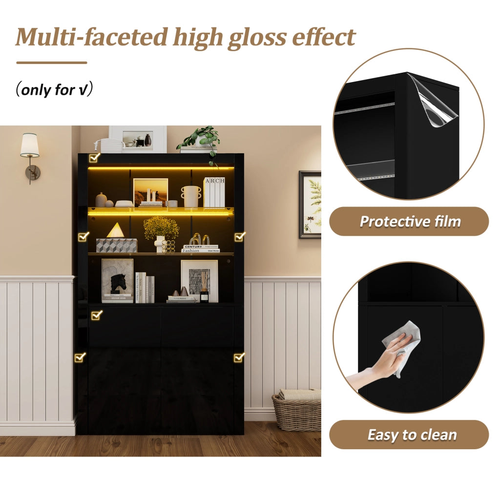 Vetrina con LED e 2 ante, 2 vani contenitore, per soggiorno, in MDF, truciolare e vetro, nera, 100 × 35 × 170 cm